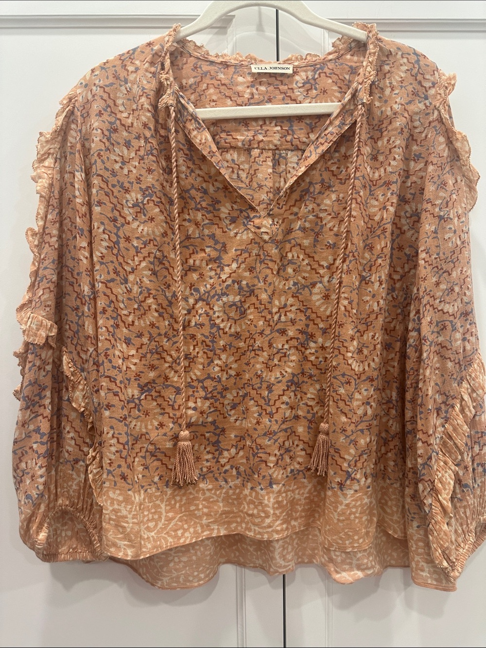 Ulla Johnson Peach Floral Tie-Neck Ruffle Blouse